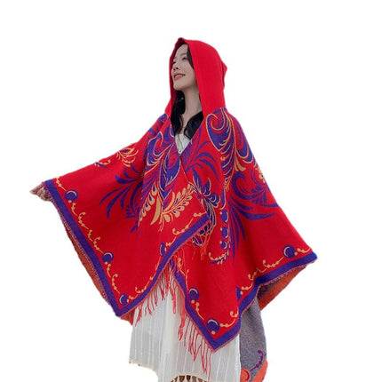 Lijiang Yunnan Tourism Red Large Shawl Ethnic Style New Style Outer Hanging Hat Cloak Coat Scarf Women