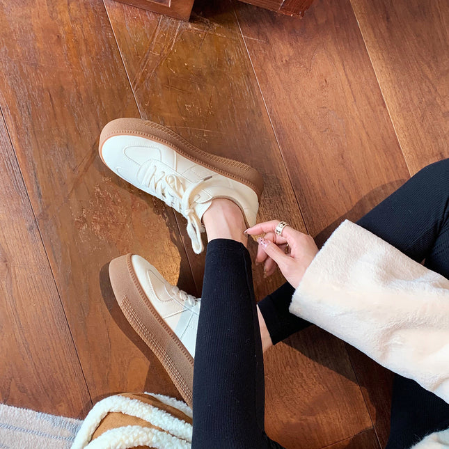 Cowhide Version~ Haonianhua Women's Shoes, German-Style Training Shoes, Round Toe, Thick Sole, Versatile Shoes, Lace-Up Casual White Shoes, Women's Sneakers