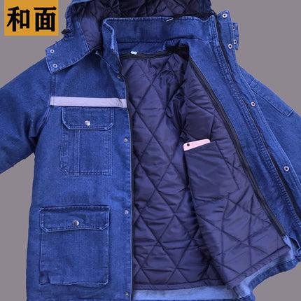Winter Workwear Cotton Jacket for Men, Fleece-Lined, Thickened, Detachable, Cold-Proof, Cold Storage Cotton Coat, Welder Denim Labor Protection Cotton-Padded Jacket