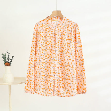 Middle-Aged and Elderly Women's Summer Thin Cardigan Mother's Wear Cotton Silk Long-Sleeved Loose Large Size Artificial Cotton Shirt Pajama Top