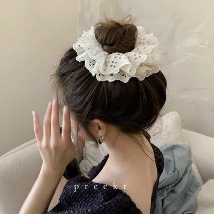 French Style White Mori Style Large Intestine Hair Ring Bear Lace Hair Rope Headwear Women's Rubber Tendon Hair Rope Hair Accessories Lace