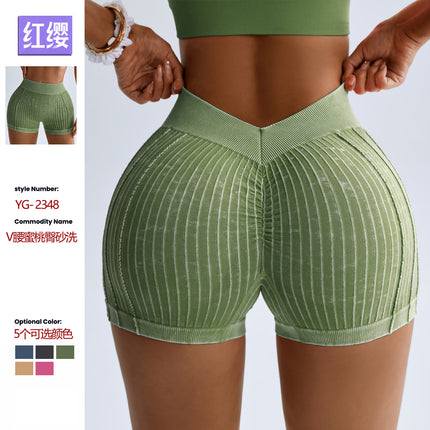 Mu Yao Yoga Shorts for Women, Butt-Lifting, V-Waist, Peach Butt, Sand-Washed Ribbed High-Waisted Outdoor Sports Fitness Shorts