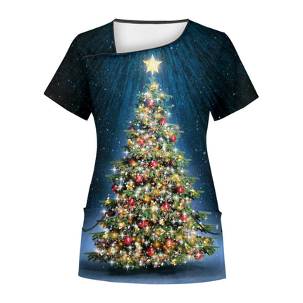 Cross-Border Aliexpress Amazon Women's Short-Sleeved Christmas Positioning Printed Flap Pocket Pants Top Scrub Clothes T-Shirt