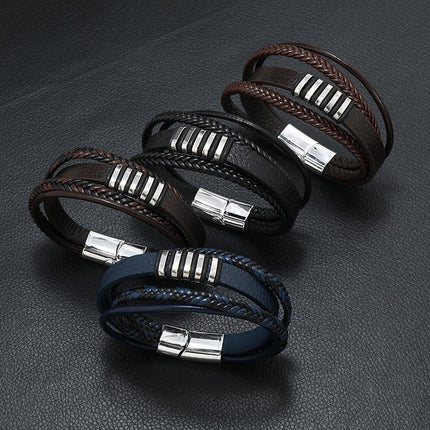 European and American Cross-Border Retro Multi-Layer Leather Hand-Woven Beaded Fashion Simple Personalized Magnetic Buckle Men's Leather Bracelet