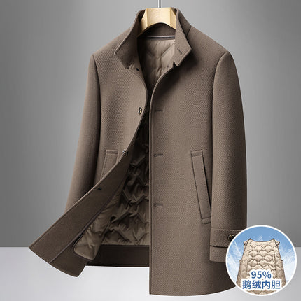 Woolen Outwear Men's Autumn and Winter Mid-Length Business Stand-Up Collar Removable 95 Goose down Liner Double-Sided Woolen Warm Jacket