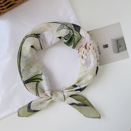 Soft Breathable Cotton Linen Small Square 58x 58cm New Artistic Printed Air Conditional Room Neck Protection Scarf Women