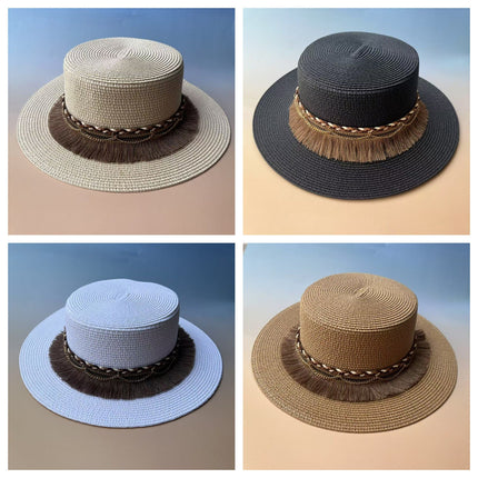 Bohemian Cowboy Style Flat-Top Straw Hat for Women's Summer Travel and Vacation Sun Protection Hat for Shopping and Versatile Flat-Brimmed Hat