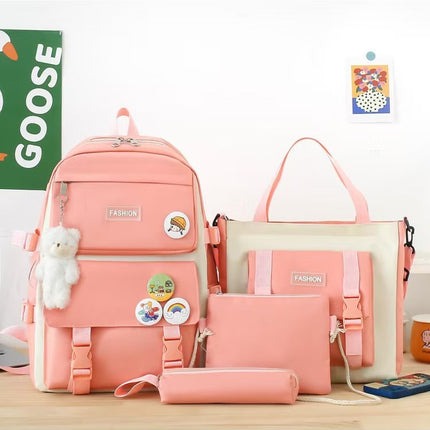 New School Bag Backpack Female Korean Version Canvas Large Capacity Five-Piece Set Middle School Student Backpack Student School Bag Female