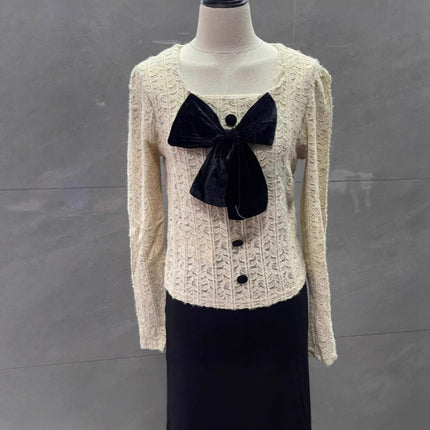 2024 Spring and Summer New Retro Square Collar Brushed Lace Bow Short Slim Slim Long-Sleeved Shirt Top