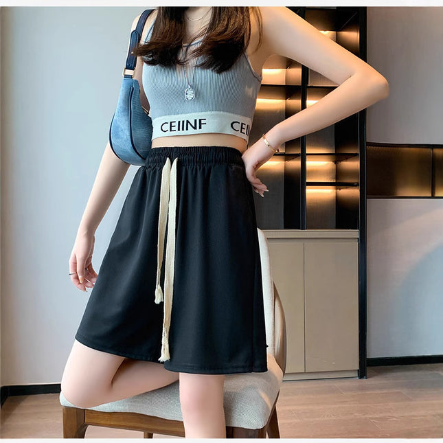 Black Sports Shorts for Women, Summer Thin High-Waisted Casual Straight Mid-Length Loose Wide-Leg Cool Five-Point Pants