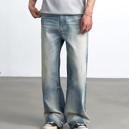American High Street Original Cow Simple A-Line Washed Blue Straight Loose Floor-Length Jeans Men's Trendy Style