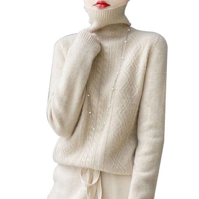 New Autumn and Winter Turtleneck Cable Knitwear Women's Knitted Bottoming Knitwear Long-sleeved Loose Slimming Look Versatile Thickeneded Top