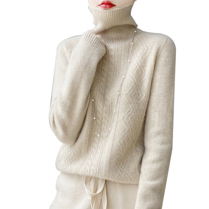 New Autumn and Winter Turtleneck Cable Knitwear Women's Knitted Bottoming Knitwear Long-sleeved Loose Slimming Look Versatile Thickeneded Top