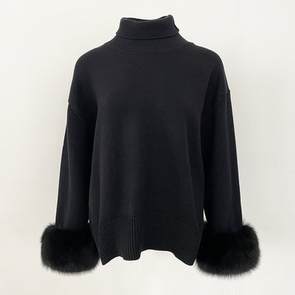 Women's Sweater Amazon Aliexpress Hot-Selling Autumn and Winter New Style Real Fox Fur Cuffs Loose High-Neck Knit Sweater for Women