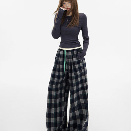 Korean Style Plaid Sanding Drawstring Casual Pants Women's Autumn and Winter New Wide Leg Pants 2024 Slimming All-match Mop Pants
