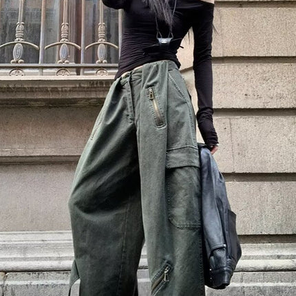 American Retro Army Green Multi-Pocket Design Cargo Pants for Women 2025 Summer High-Waisted Wide-Leg Floor-Length Jeans