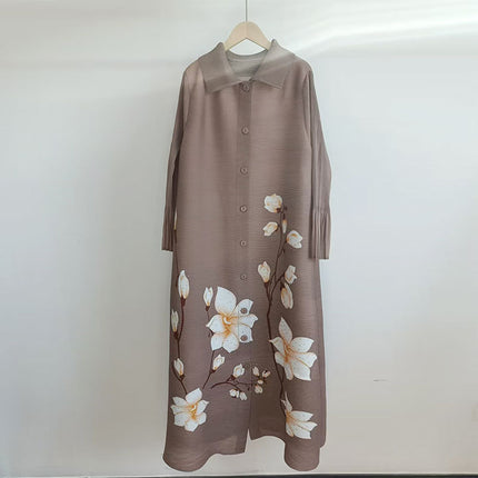 Dress Plus Size Pleated Women's New Style Printed Elegant Loose Slimming Mid-Length Single-Breasted Dress