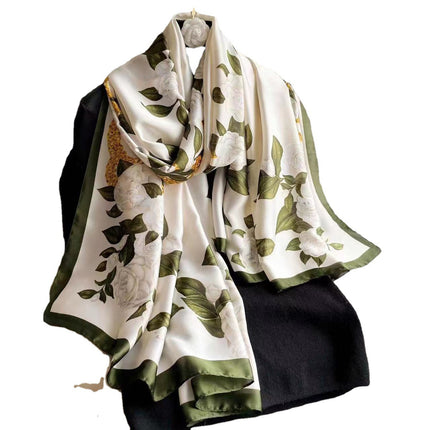 2025 K-Style of Silky Brocade Forged Long Scarf Water Lily Printed Silk Scarf Chinese Style Silk Silks and Satins Women's Beach Towel