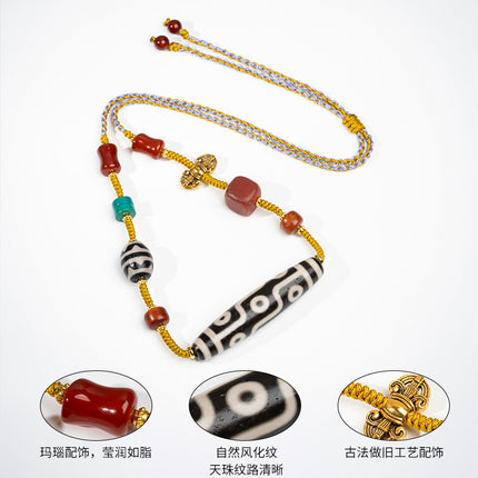 Natural Yellow Nine-Eyed Dzi Bead Necklace, Taiwanese Agate Pendant, Men's and Women's Couple's Braided Necklace, Ready for Sale