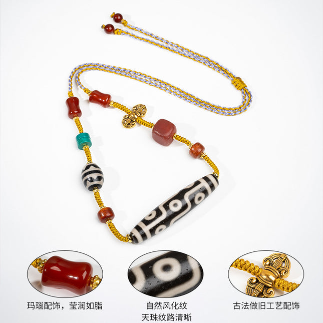Natural Yellow Nine-Eyed Dzi Bead Necklace, Taiwanese Agate Pendant, Men's and Women's Couple's Braided Necklace, Ready for Sale