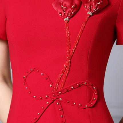 Zhili 2026 Stunning Dress for Women, New Summer Style with Beaded Flowers, Formal Occasion Red Waist-Cinching Dress