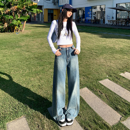 2025 Spring New American Style Retro Scimitar Wide Leg Jeans Women's High Waist Straight Loose Slim-fit Mop Pants