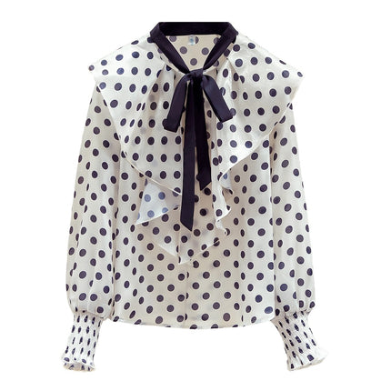2025 Design Style Led Lotus Leaf Chiffon Shirt Lantern Sleeve Western Style Retro Wave Dot Niche Shirt Women's Early Spring Wear