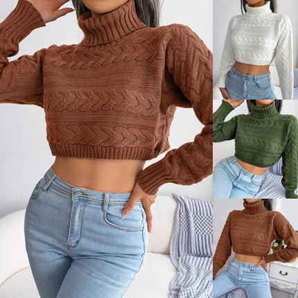 Clearance Sale Real Photos Autumn and Winter European and American Casual Cable Knit Long-Sleeve High-Neck Cropped Sweater Independent Site Cross-Border Women's Clothing