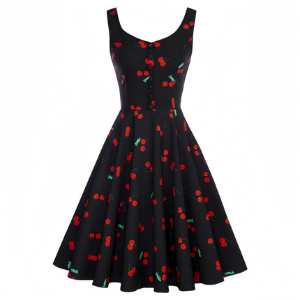 Cross-border Foreign Trade 1950S Retro Cocktail Dance Sleeveless Homecoming Dress Summer Printed Button A Word dress