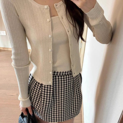 2026 New Early Spring Outfit: a Complete Set of Korean-Style Gentle Knit Cardigan and Plaid Suspender Skirt Set