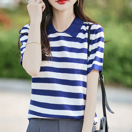 New Summer Women's Knitted Short-Sleeved Korean Style Polo Collar Stripesd Contrast Knitted T-Shirt Jacket Women's Tops Wholesale