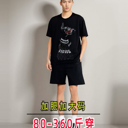 American Heavy Rhinestone Doberman Black Diamond Dog Short-sleeved T-shirt Plus Large Size Chubby Guy Personality Niche Design