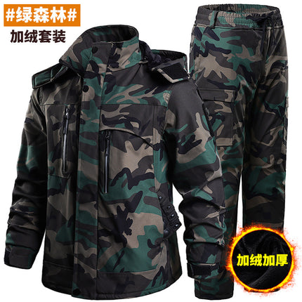 Cross-Border Men's Winter Velvet Thickened Military Fan Workwear Suit Soft Shell Waterproof Wind-Resistant and Wear-Resistant Cycling Workwear