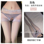 Gray shiny open stockings + 33 black thongs / L size recommendation [ 42.5-55kg ]