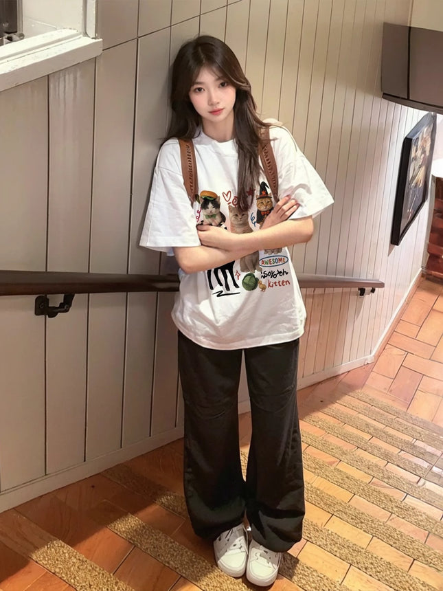 Gray Short-Sleeved T-Shirt for Women 2026 New Pure Cotton Half-Sleeve Summer American High Street Lazy Style Loose Versatile Top