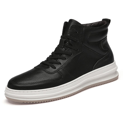 2025 Autumn and Winter Men's High-Top Sneakers, First-Layer Cowhide British Style, Large Size Skateboard Shoes, Thickeneded Cotton Shoes