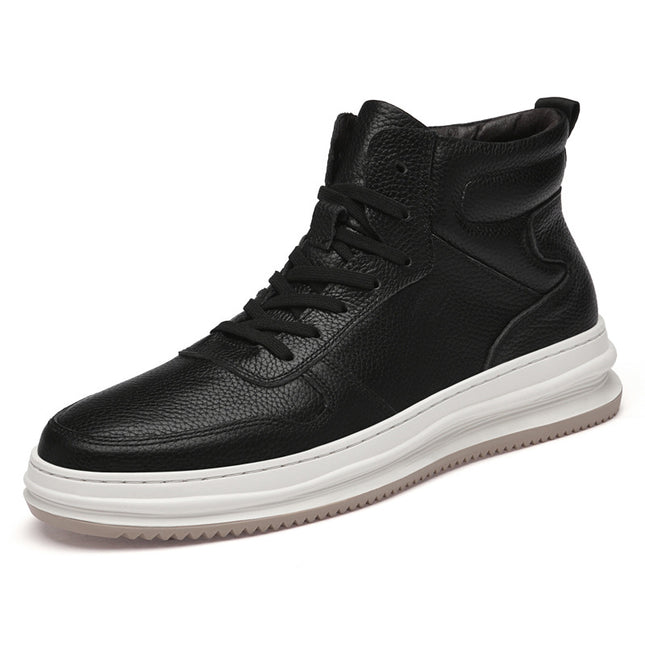 2025 Autumn and Winter Men's High-Top Sneakers, First-Layer Cowhide British Style, Large Size Skateboard Shoes, Thickeneded Cotton Shoes