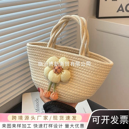2026 New Style Women's Summer Handbag Woven Tote Bag Cotton Rope Travel Beach Handbag Cross-Border Wholesale