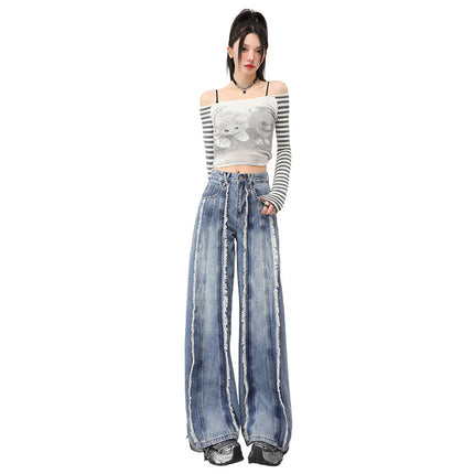 High Street Heavy Industry Stitching Design Stereo Wide Leg Jeans Women's 2025 Spring High Waist Slimming Pants
