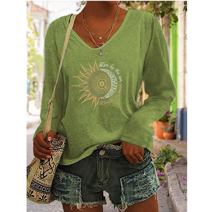 2023 European and American Amazon independent station wish autumn and winter new hot selling women's printed V-neck long sleeve loose T-shirt for women