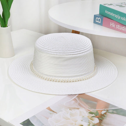 [Great Value] French Style Socialite Flat Top Hat 2025 New Summer Elegant Pearl String Sunshade Woven Straw Hat