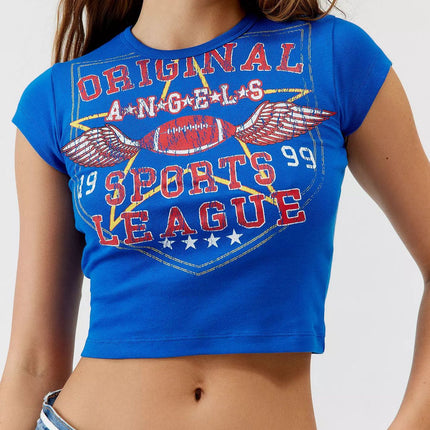 Trendy Short Blue Letter Print Crop Top T-Shirt for Summer, 65% Cotton, European and American Style