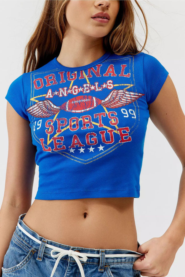 Trendy Short Blue Letter Print Crop Top T-Shirt for Summer, 65% Cotton, European and American Style