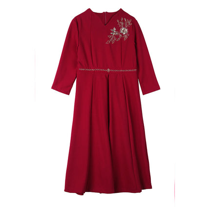 Xi mother-in-law wedding dress wine red dress dress 2023 autumn new mother dress fashion retro elegant dress