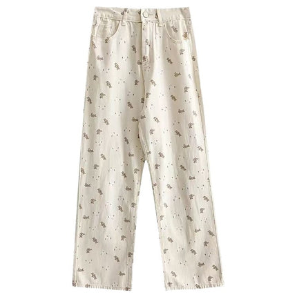 Beige Bear Printed Jeans Women's American-style Printed plus size High-waisted Slim-fit Loose Micro-elastic Straight-leg Wide-leg Pants