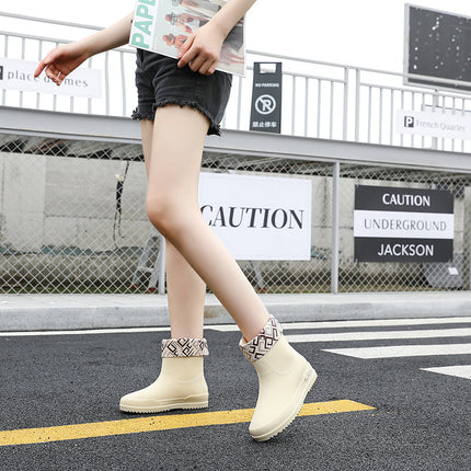Rain Boots, Women's Mid-Calf Shoes, Adult Women's Shoes, High-Top Non-Slip Shoes, Work Rubber Shoes, Women's Waterproof Low-Heeled Shoes with Removable Cotton Lining