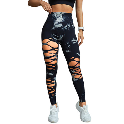 European and American Tie-Dye Hole Yoga Pants Sexy Hip Hollow Sports Tight Pants Women's High Waist Peach Hip Yoga Pants