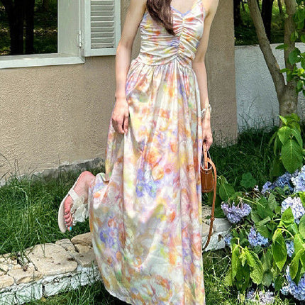 French-Style Oil Painting Halter Neck Spaghetti Strap Dress for Women, New Summer Vacation Style, Backless Floral Mid-Length Dress Ins
