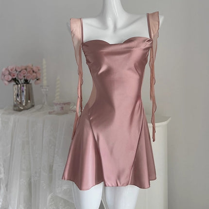 Sexy Suspender Nightgown with Breast Pads 2025 New Spring and Summer Ice Silk Satin High-End Pure Lust French Swing Collar Pajamas