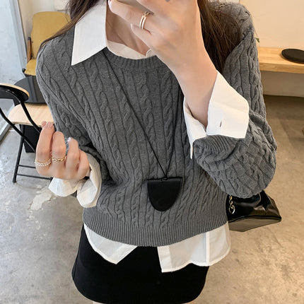 Designed with Korean Style, Gray Cable-Knit Sweater for Women, New Slim-Fit Short Top for Autumn and Winter